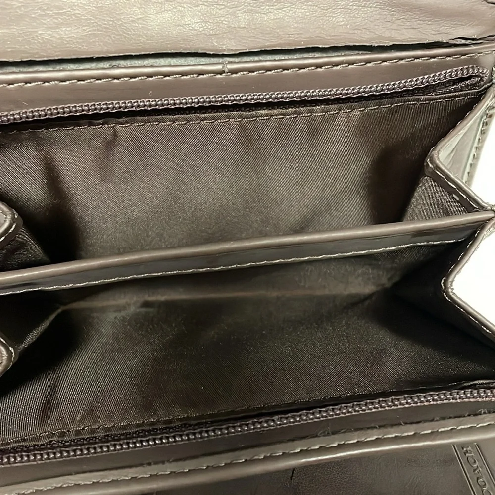 Coach Brown Signature Canvas and Leather Buckle Flap Compact Wallet
